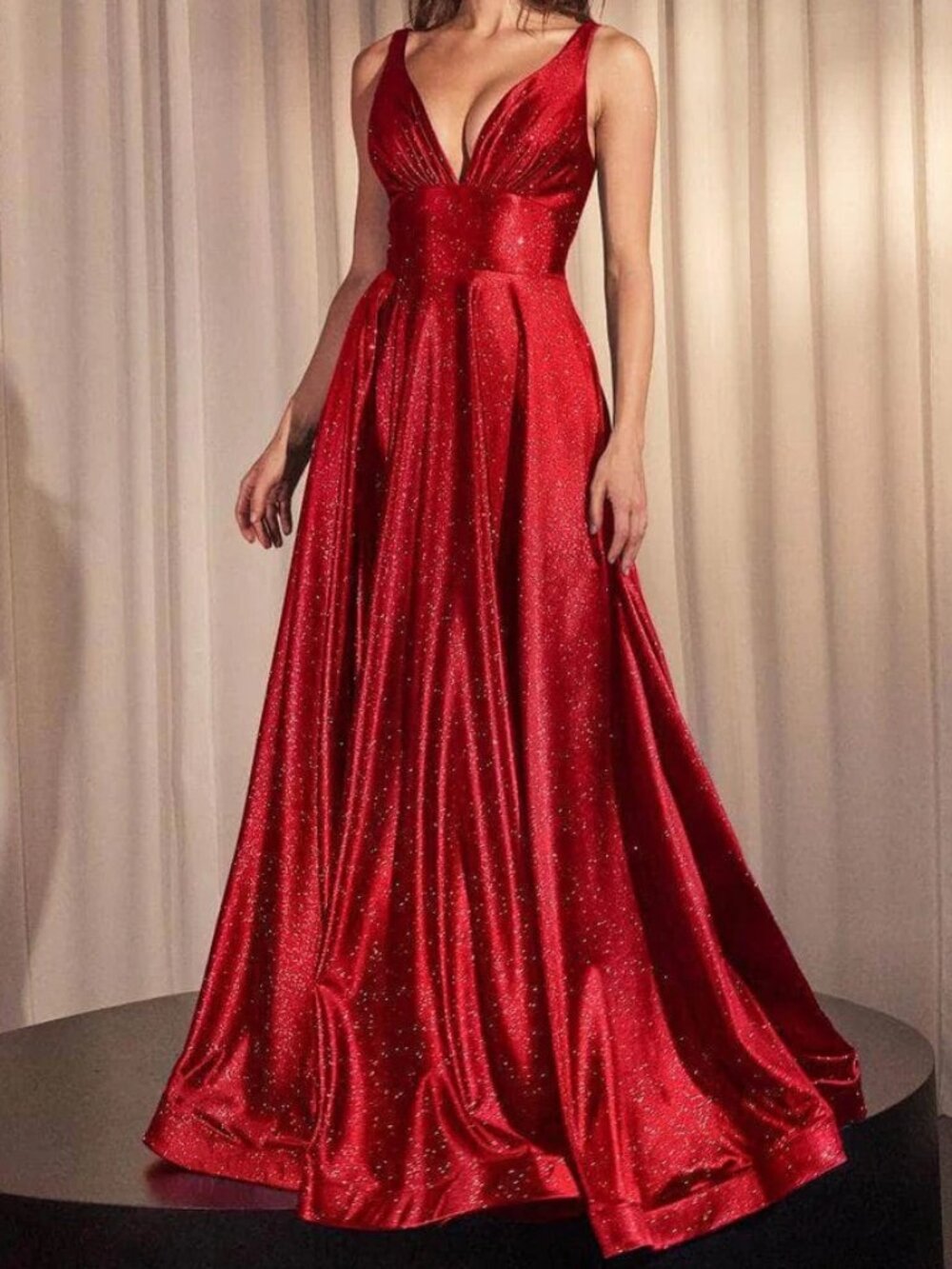 NWT Ladivine CC2349 Glitter Stretch Empire Waist Satin Prom Dress Red Size 10